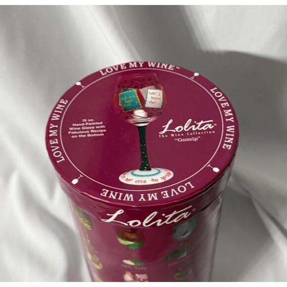NIB Lolita Love My Wine Glass "Gossip" 15 oz with Recipe Hand Painted - Picture 3 of 11